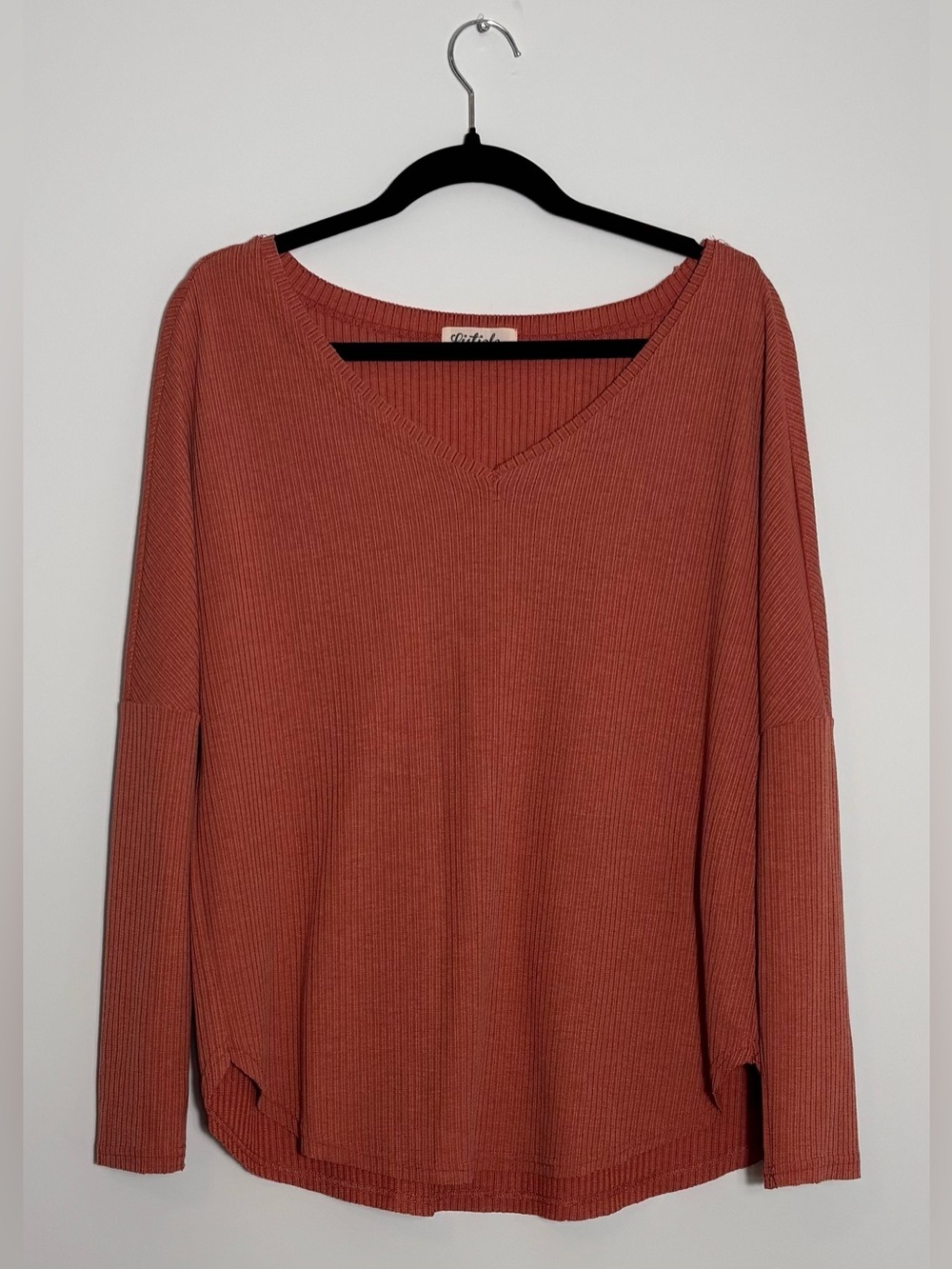 Listicle Terracotta Mauve Ribbed V Neck Oversized Top Size Small Stretch Casual